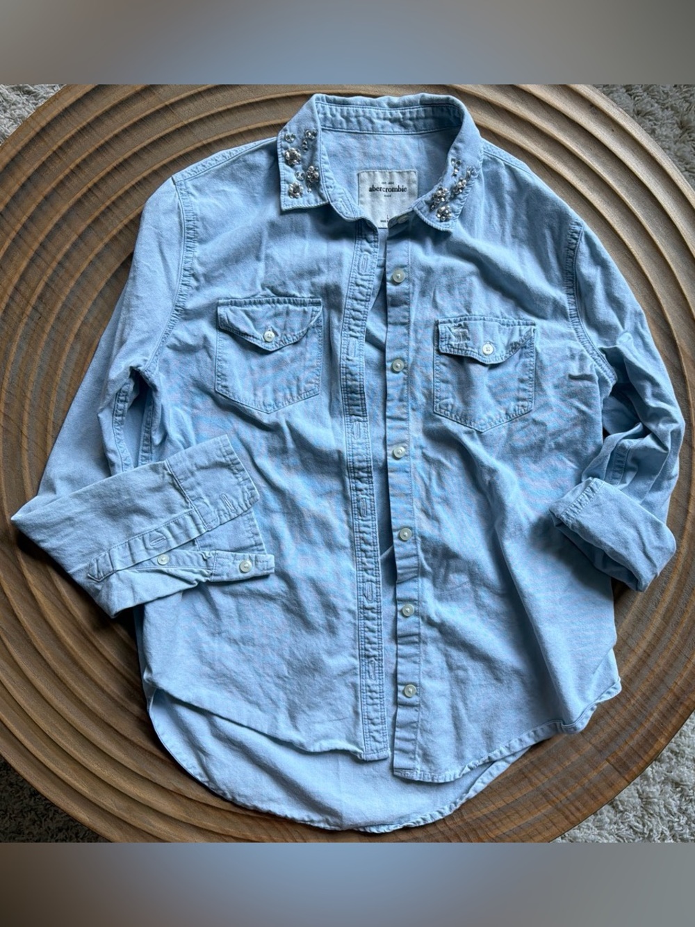 Abercrombie Kids L Light Blue Embellished-Collar Button-Down Shirt 100 Cotton